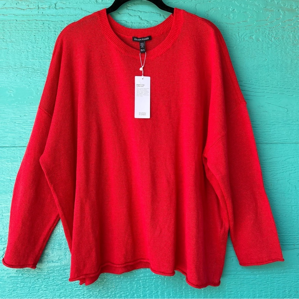 Eileen Fisher Linen Cotton Cord Crewneck Sweater Cherry Red SIZE 1X NWT